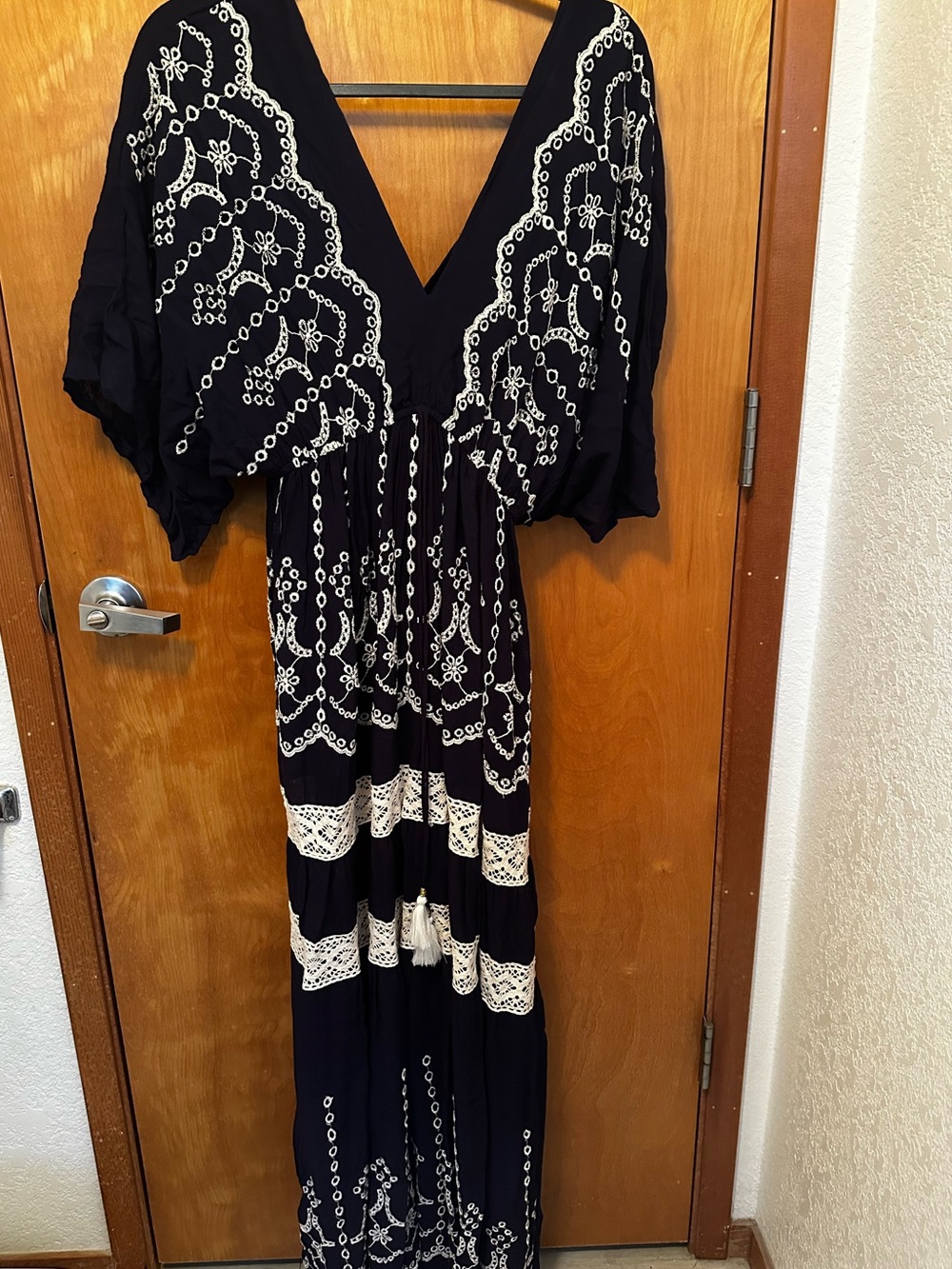 Bohemian V-Neck Embroidered Maxi Dress in Navy and White